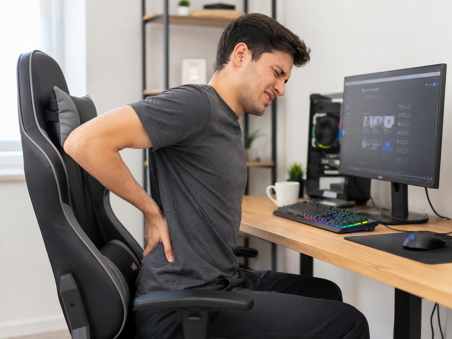 Homem sentado em cadeira gamer com dores nas costas.