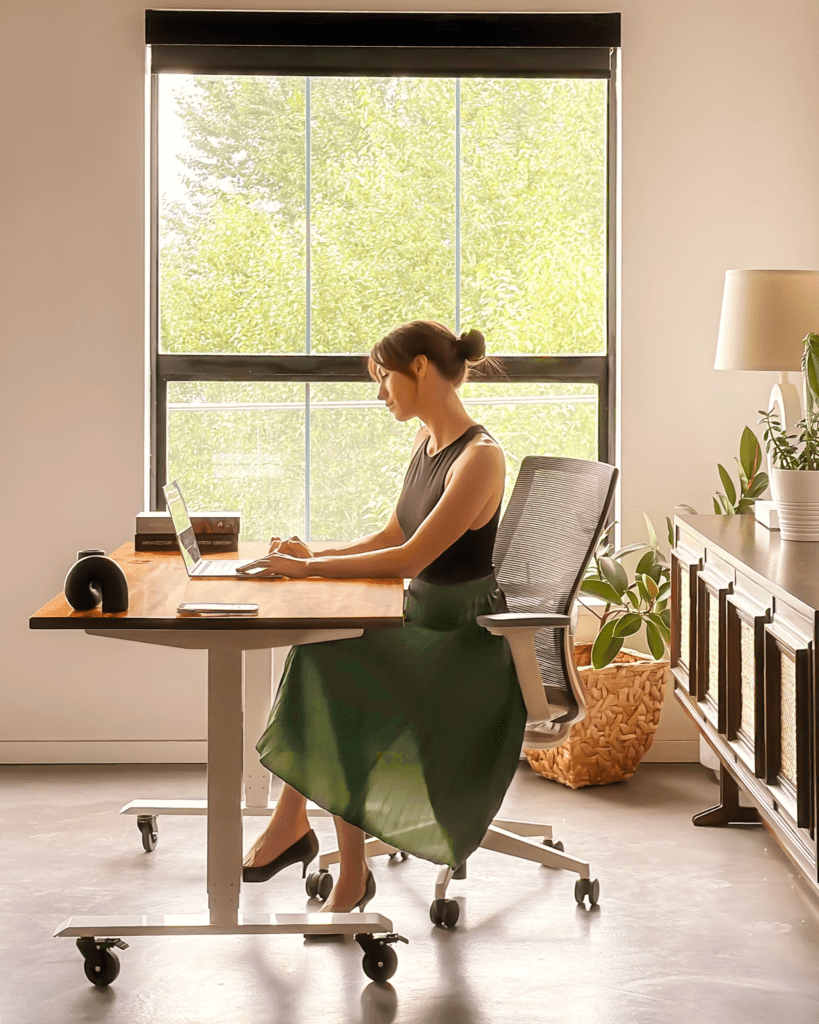 Mulher trabalhando em escritório home office, de frente para a janela, com muita luz natural - ergonomia no home office