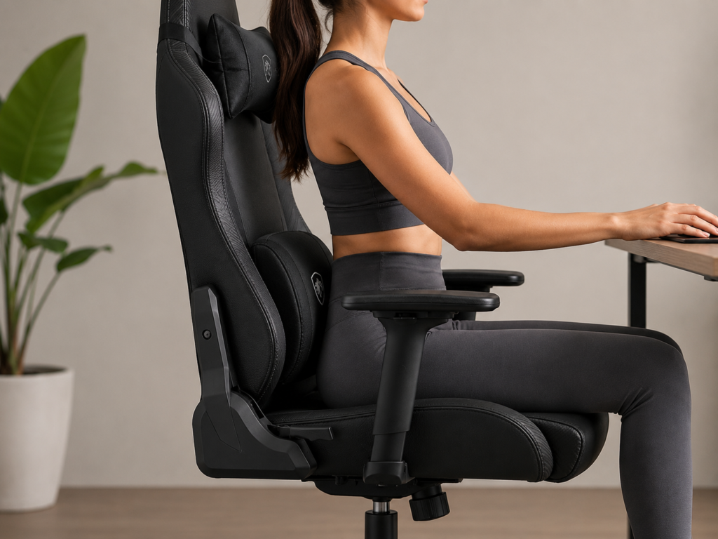 Mulher jovem sentada em cadeira gamer com almofada lombar.