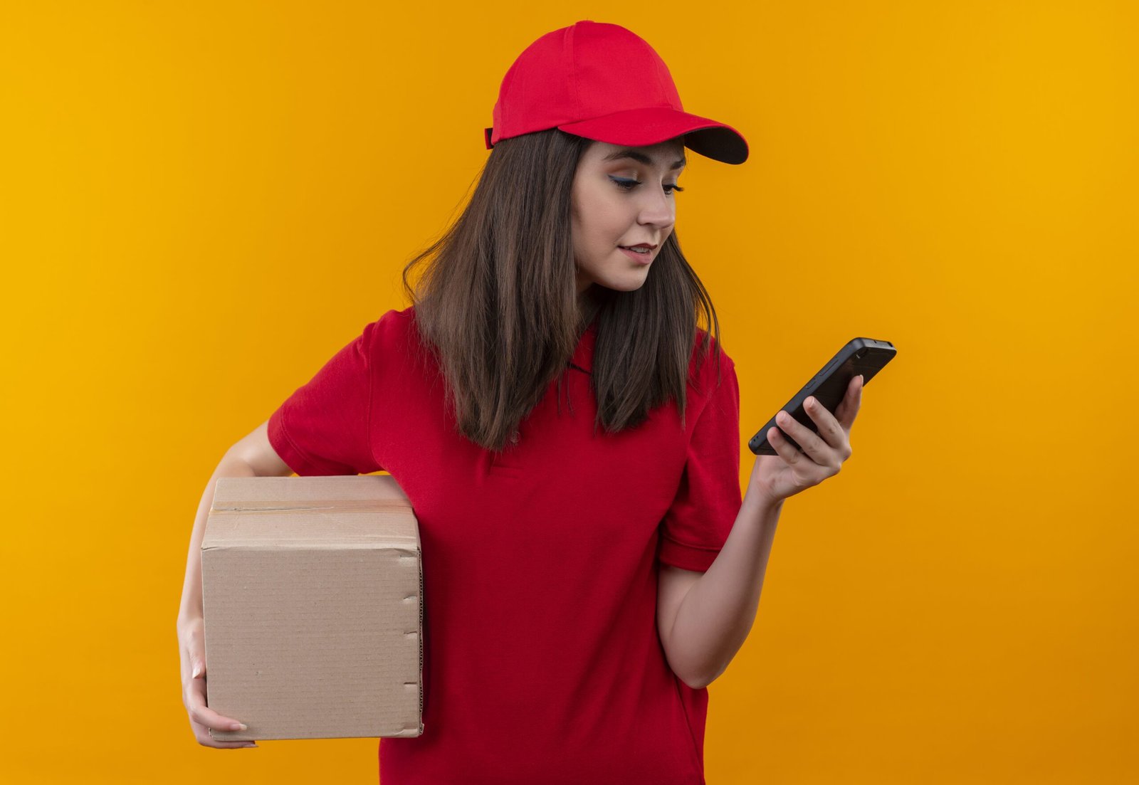 Mulher de roupa e boné vermelhos usando celular para trabalhar