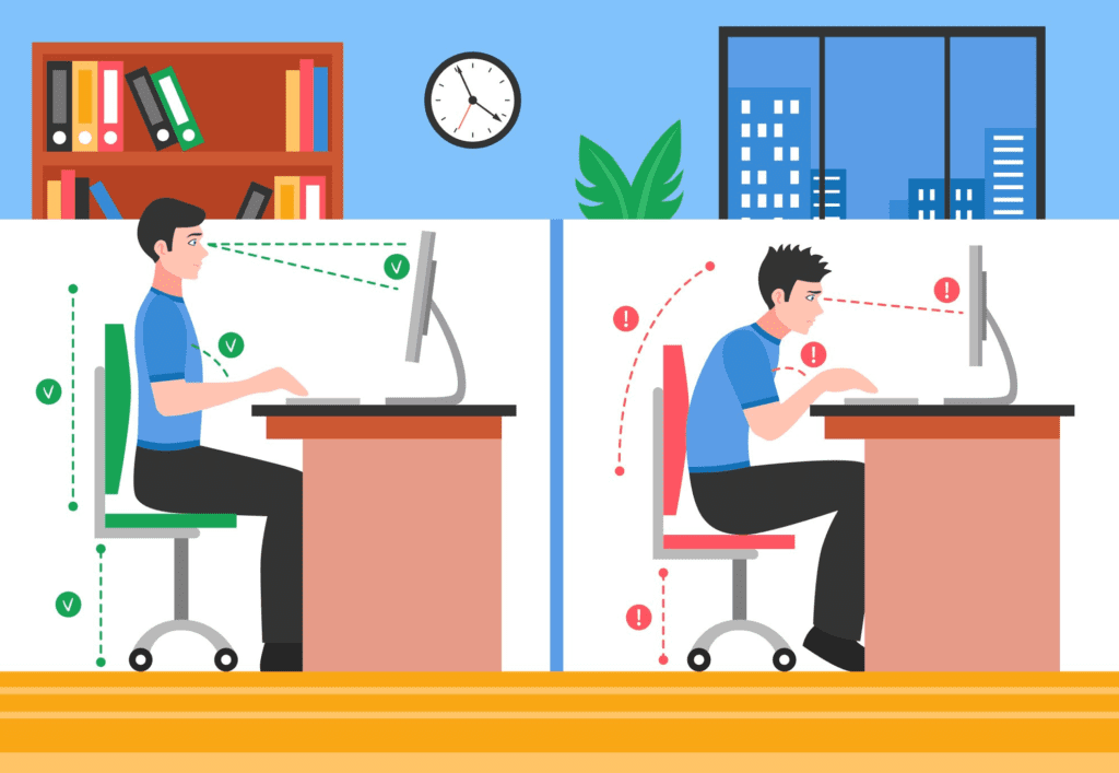 Posição ergonomicamente correta para sentar de frente ao computador.