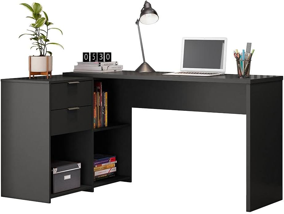 Escrivaninha com gavetas e portas. Mesa de canto em L com 2 gavetas e 3 portas