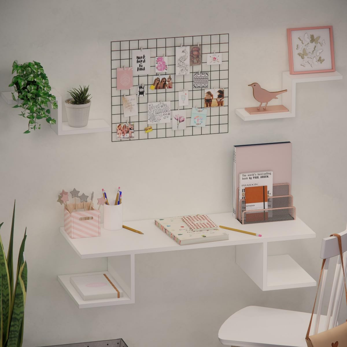 Escrivaninha suspensa com prateleiras