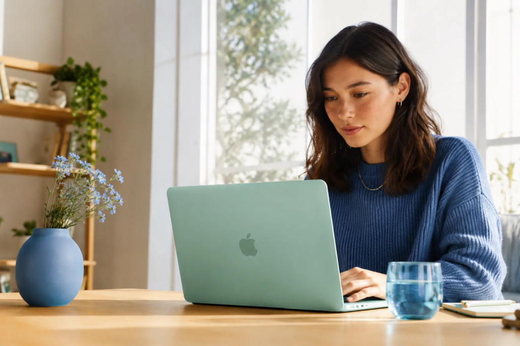 Mulher jovem usando MacBook Neo.