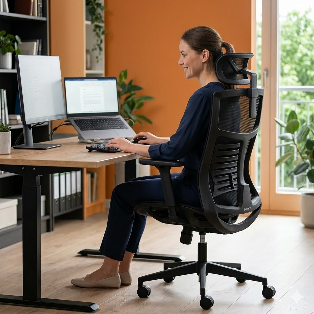 Mulher jovem trabalhando em home office, usando monitor e cadeira ergonômica - Melhores cadeiras home office
