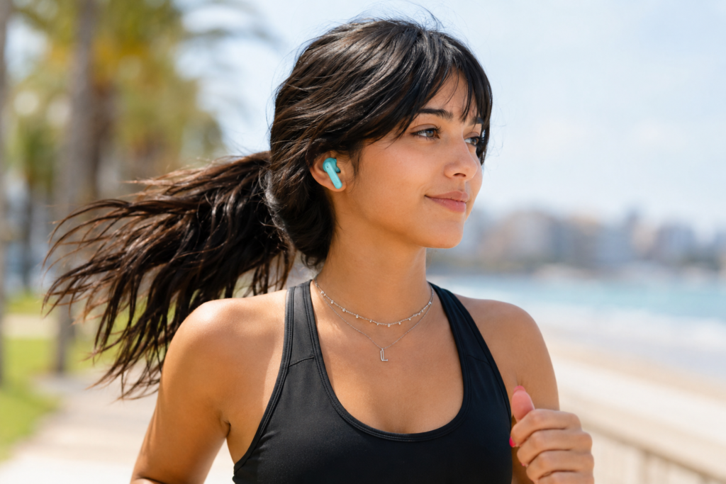 Jovem bela correndo ao ar livre usando fone de ouvido JBL Wave Beam 2, o fone de ouvido mais vendido na Amazon Brasil.