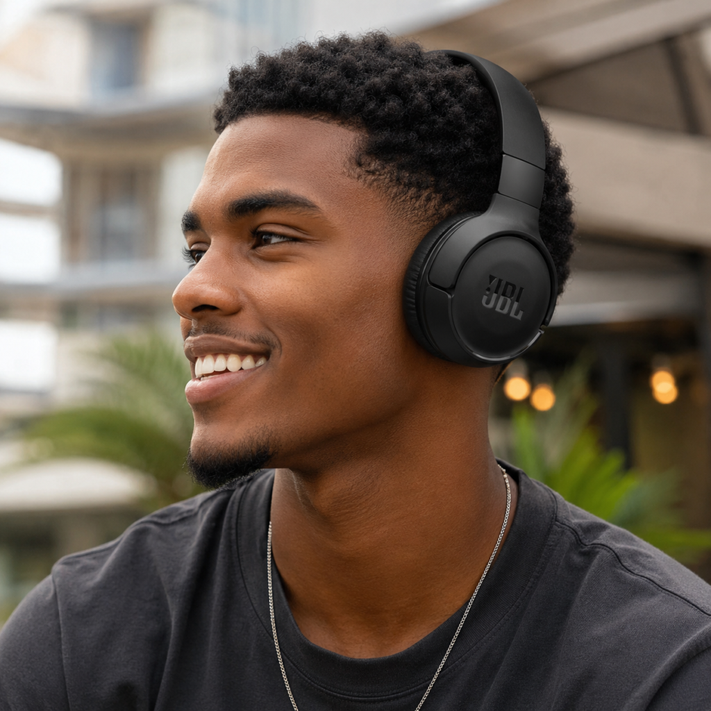 Homem jovem belo sorridente usando fone de ouvido JBL Tune 520BT.
