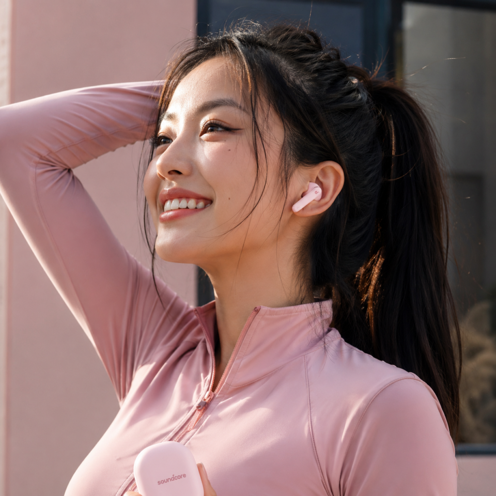 Mulher jovem asiática bela sorridente usando traje rosa e fones de ouvido rosa da marca Soundcore.