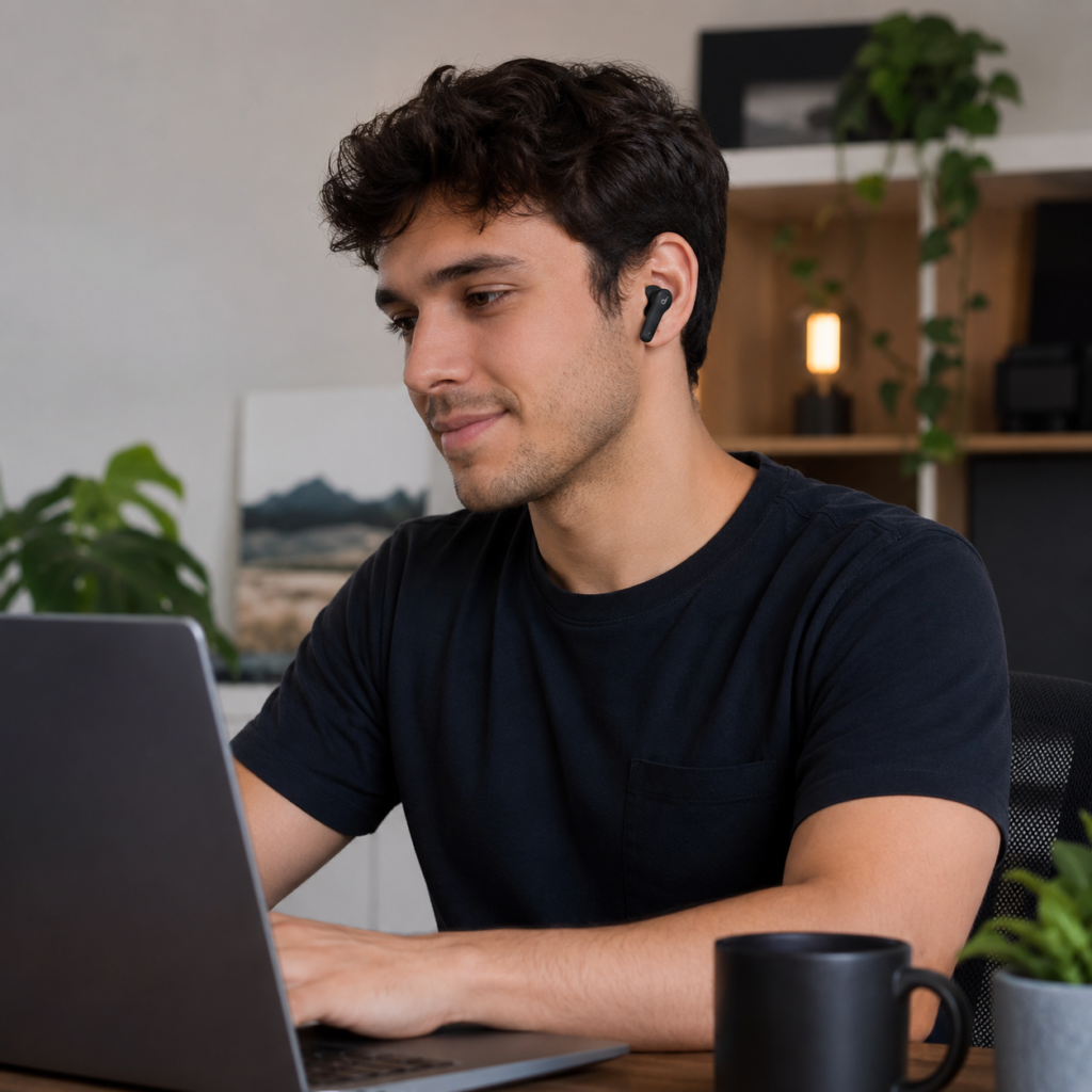 Homem jovem belo usando o fone Soundcore P30i no home office.