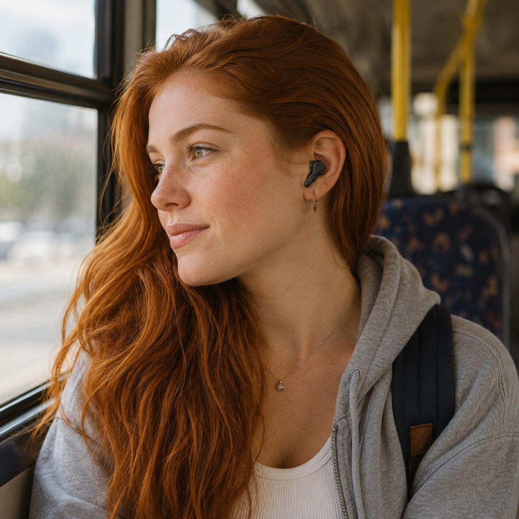 Mulher ruiva jovem bela no ônibus indo para a faculdade, usando fone de ouvido Philips TAT1109BK.