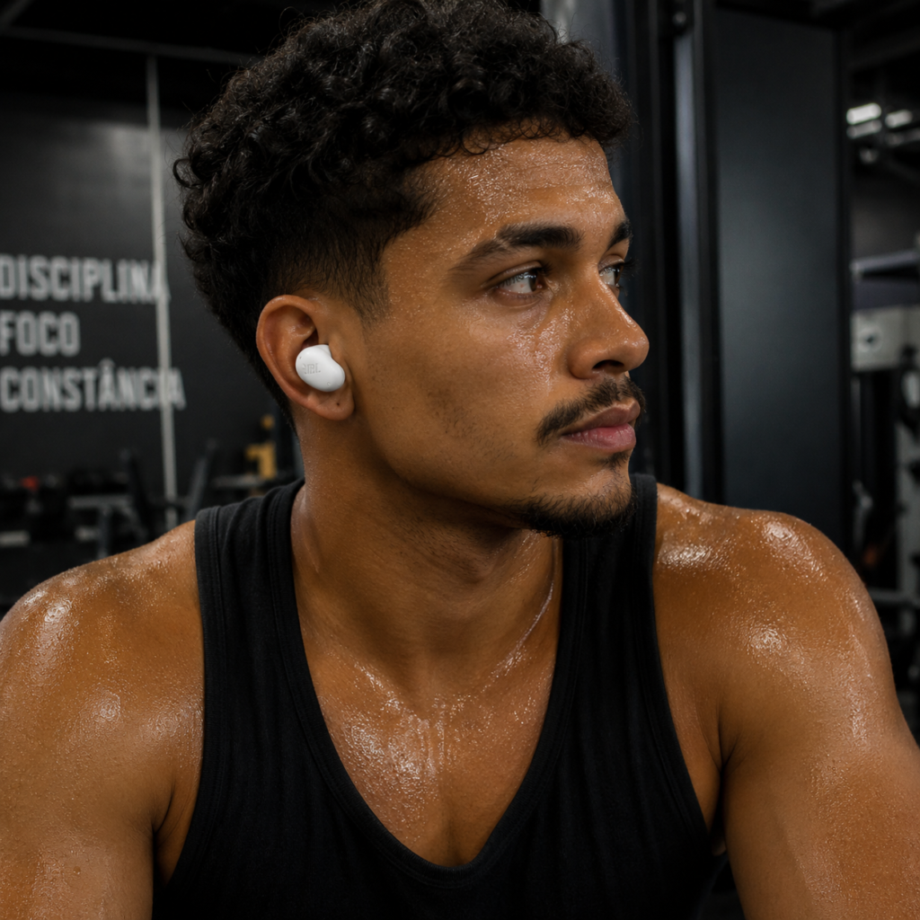Homem moreno jovem belo suado na academia usando fone JBL Wave Buds 2.