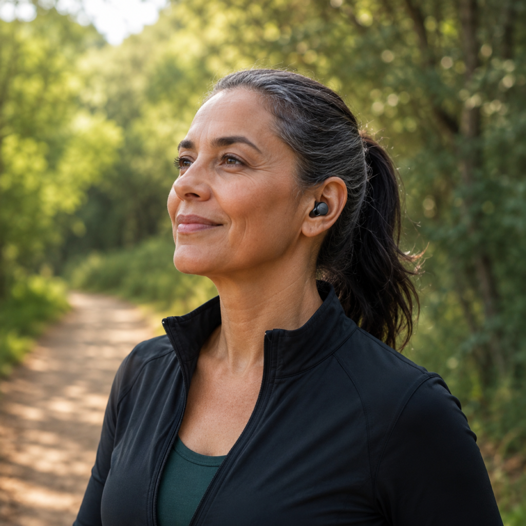 Mulher madura bela usando fones Philips TAT1209BK ao ar livre.