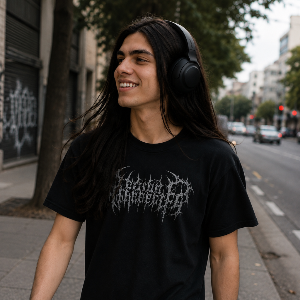 Homem jovem sorridente de cabelos compridos, estilo metaleiro, usando fones Philips TAH2209.