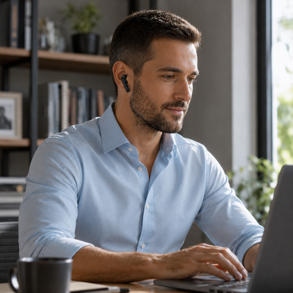 Homem jovem belo com camisa social trabalhando em home office, usando fone Inava FON-12967.