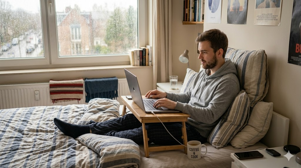 Homem jovem trabalhando em home office na cama.