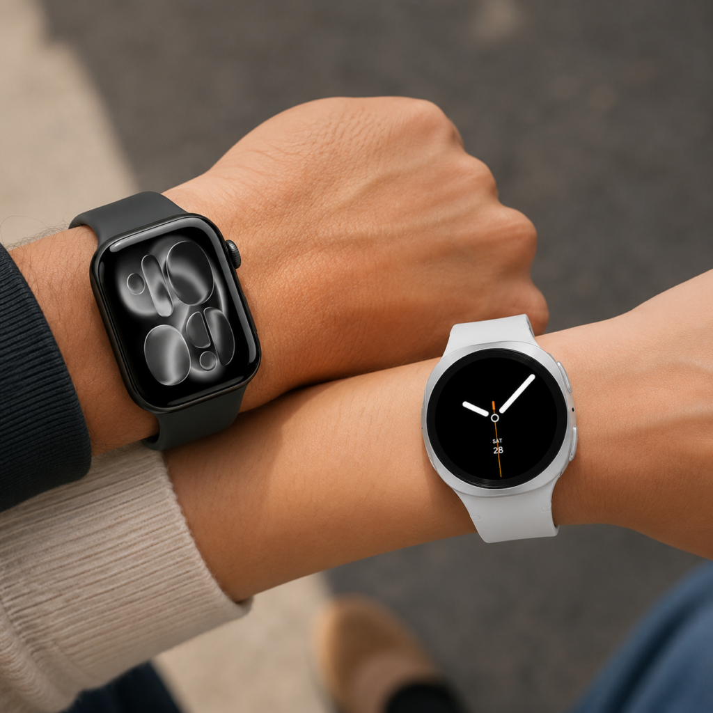 Homem e mulher comparando relógios, o de cima no braço masculino, o Apple Watch Series 11, e no braço de baixo feminino, o Samsung Galaxy Watch 8.