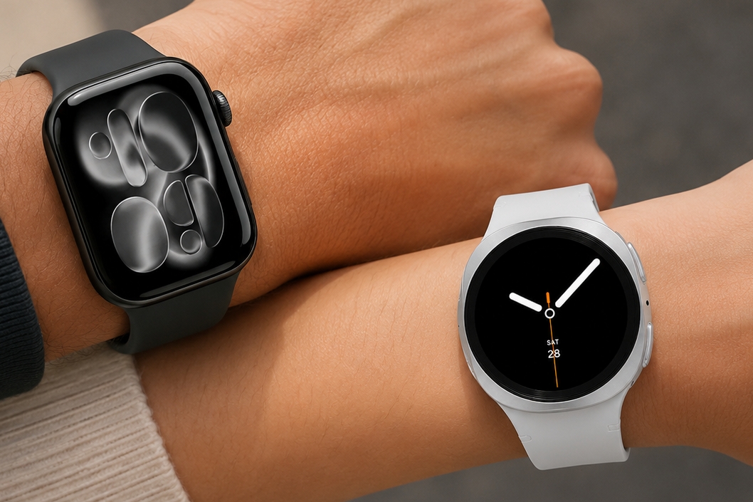 Homem e mulher comparando relógios, o de cima no braço masculino, o Apple Watch Series 11, e no braço de baixo feminino, o Samsung Galaxy Watch 8.