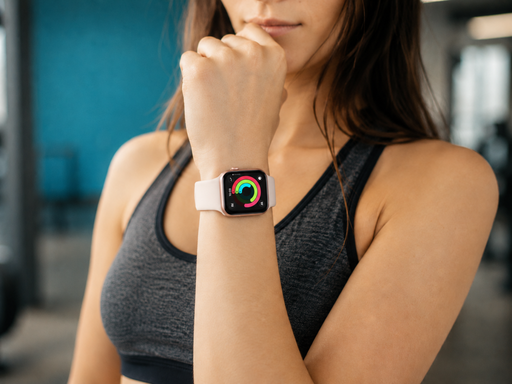 Mulher jovem fitness usando um Apple Watch Series 11.