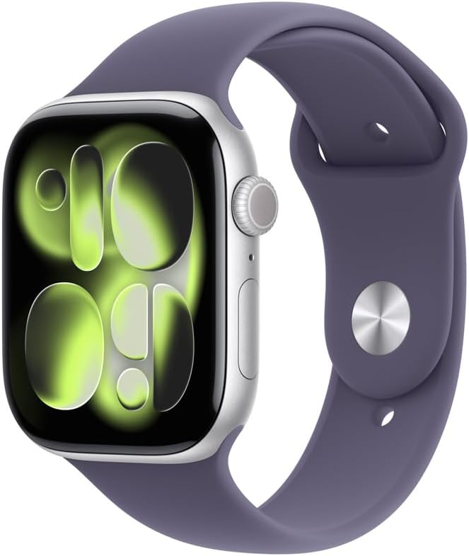 Apple Watch Series 11 com pulseira roxa.
