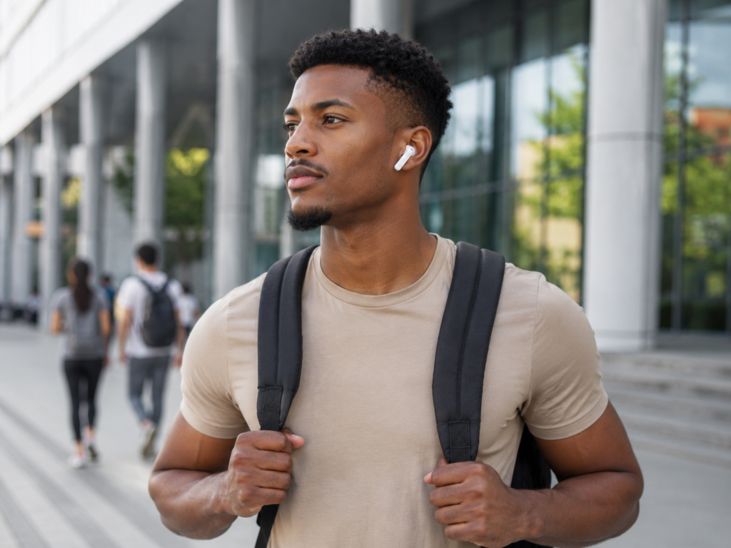Estudante jovem belo com mochila nas costas usando fones JBL Wave Beam 2 brancos.