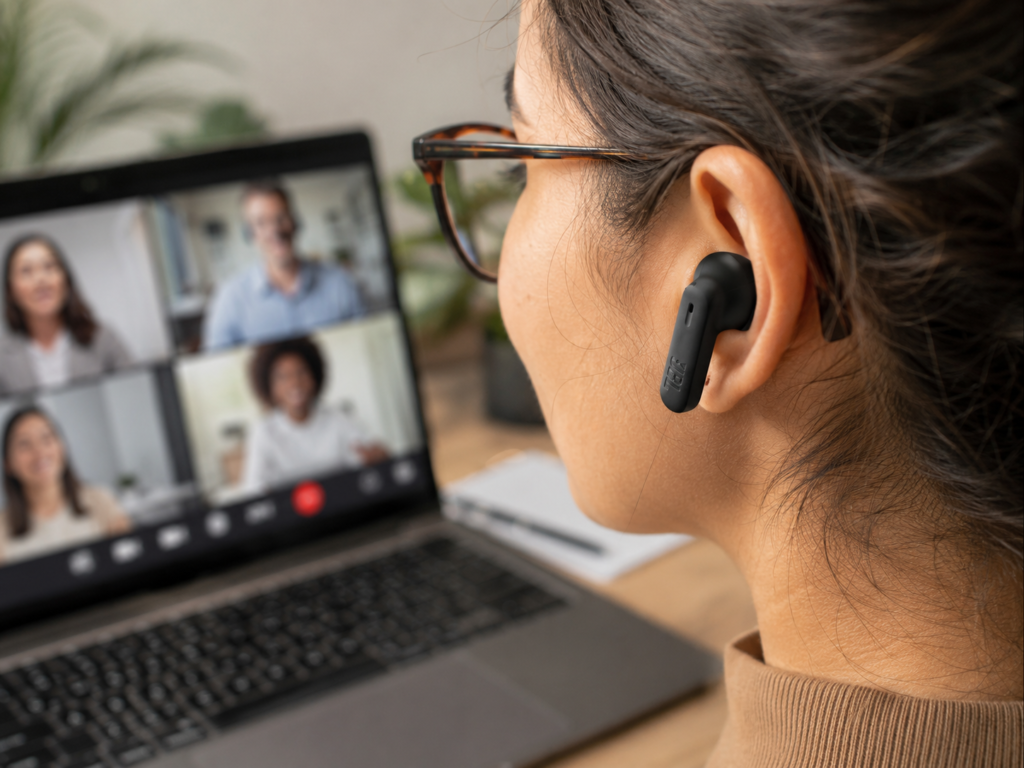 Mulher usando JBL Wave Beam 2 em videoconferência.
