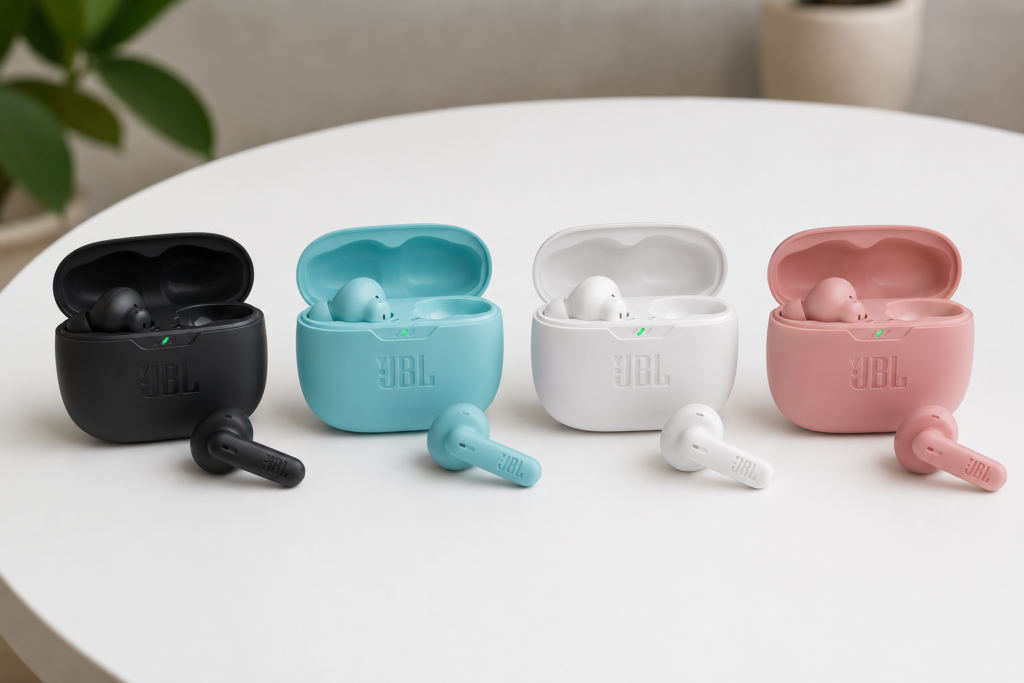 JBL Wave Beam 2 em 4 cores: preto, azul (oceano), branco e rosa.