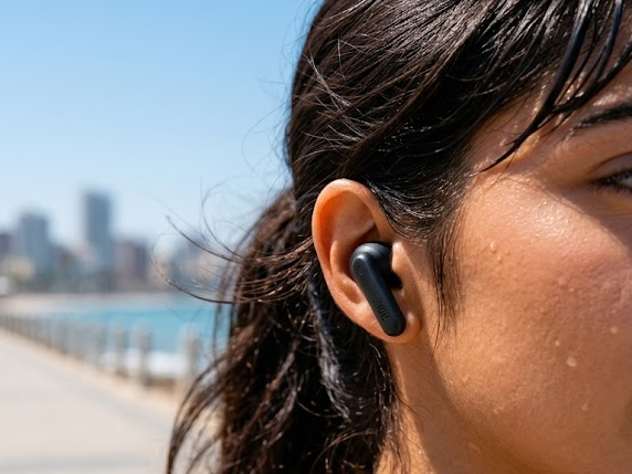 Mulher jovem suada usando JBL Wave Beam 2 durante corrida ao ar livre