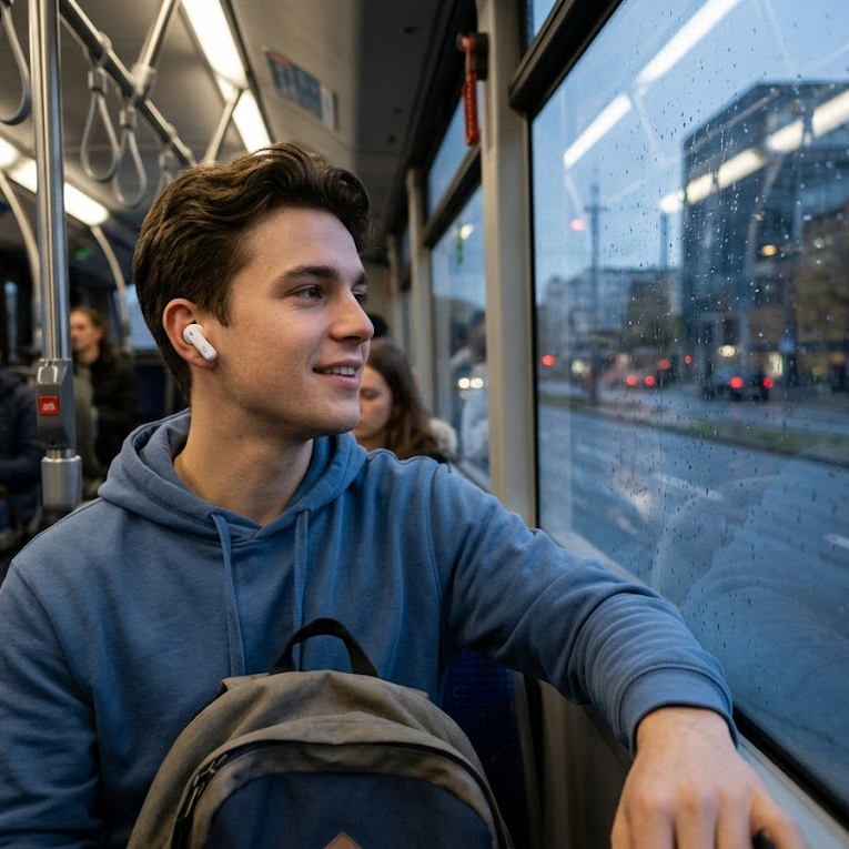 Homem jovem escutando música no JBL Wave Beam 2 dentro do ônibus.