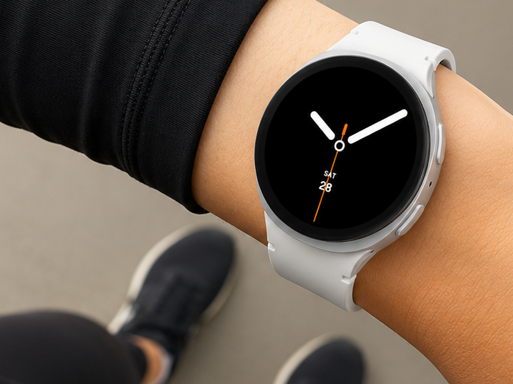 Galaxy Watch8 no pulso de uma mulher com roupas fitness.