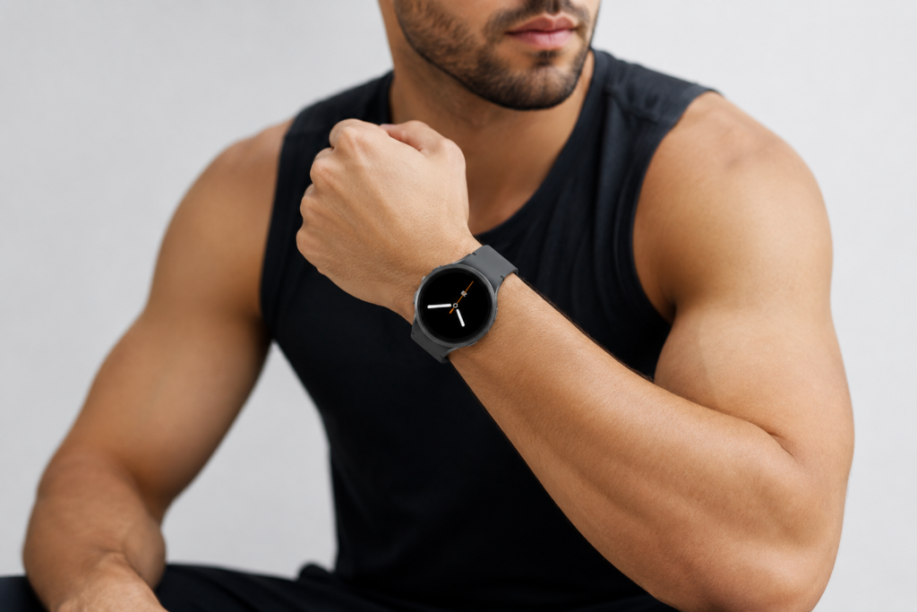 Homem musculoso usando Galaxy Watch8.