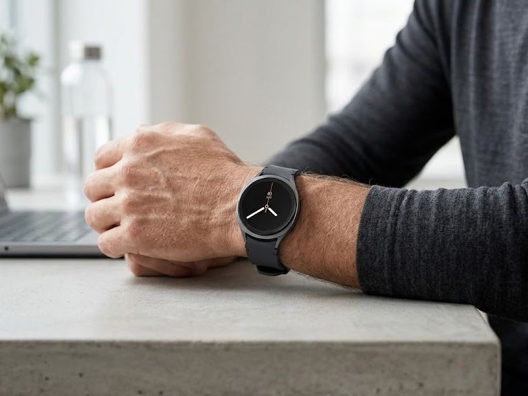 Homem maduro com braços apoios sobre a mesa. Samsung Galaxy Watch8 em destaque.