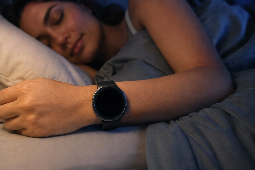 Mulher dormindo com o Galaxy Watch8.