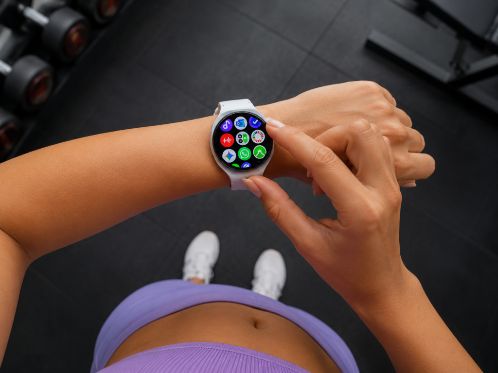Mulher jovem em trajes fitness na academia acessando o menu do Galaxy Watch8 em seu pulso.
