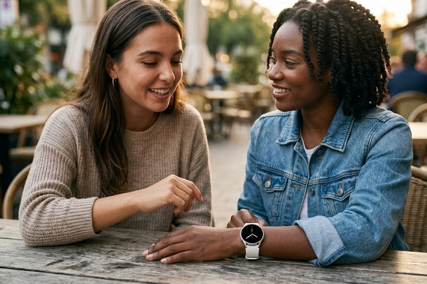 Mulheres conversando. Uma delas usa um Galaxy Watch8.