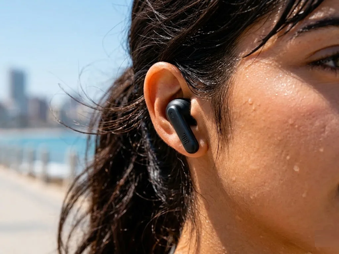 Mulher jovem suada usando JBL Wave Beam 2 durante corrida ao ar livre