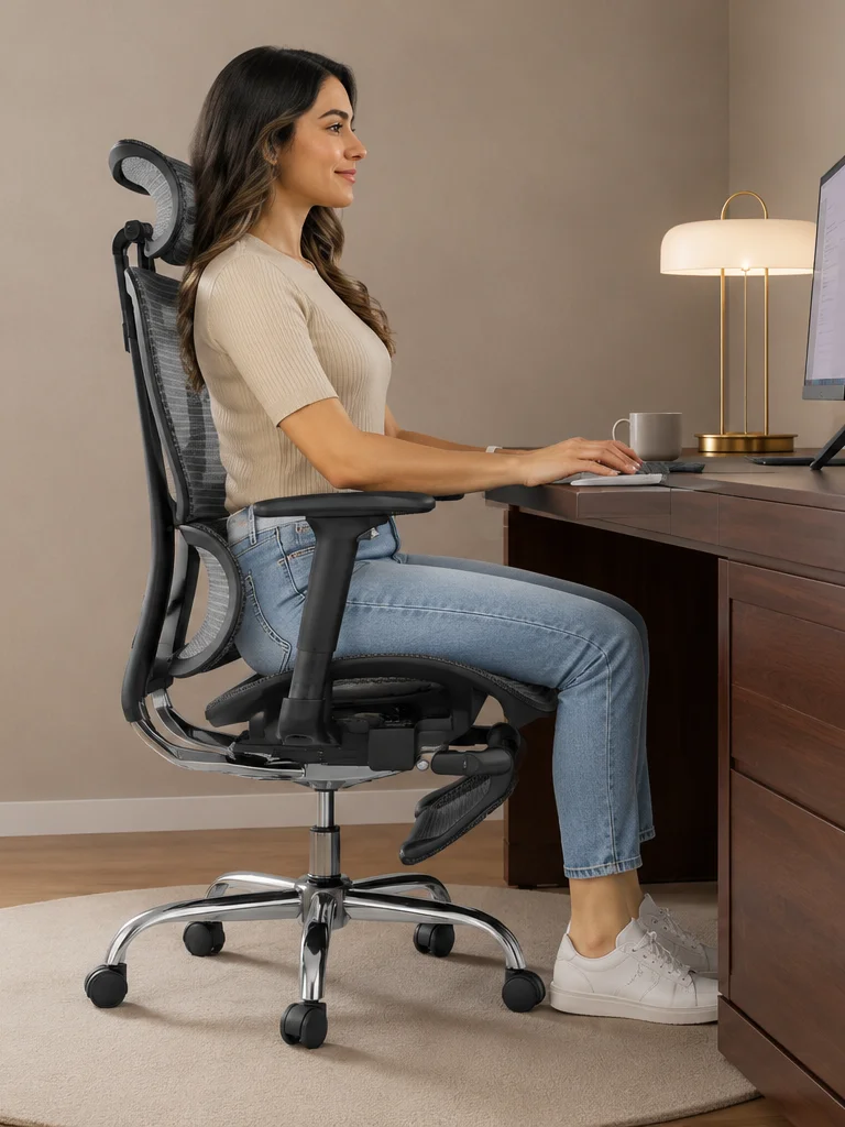 Mulher sentada em posição ergonômica na cadeira Mônaco Bt07.