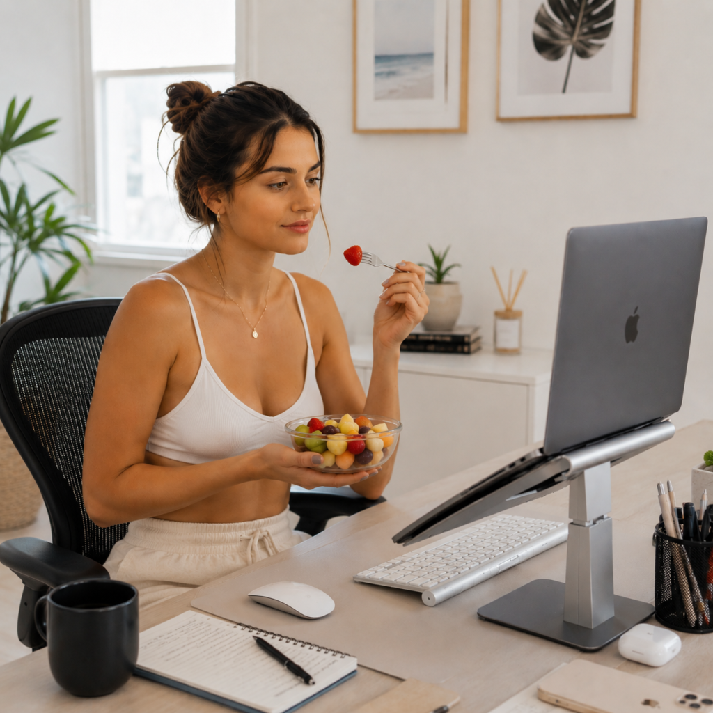 Mulher jovem com roupas leves comendo uma salada de frutas de frente ao computador enquanto trabalha em home office.
