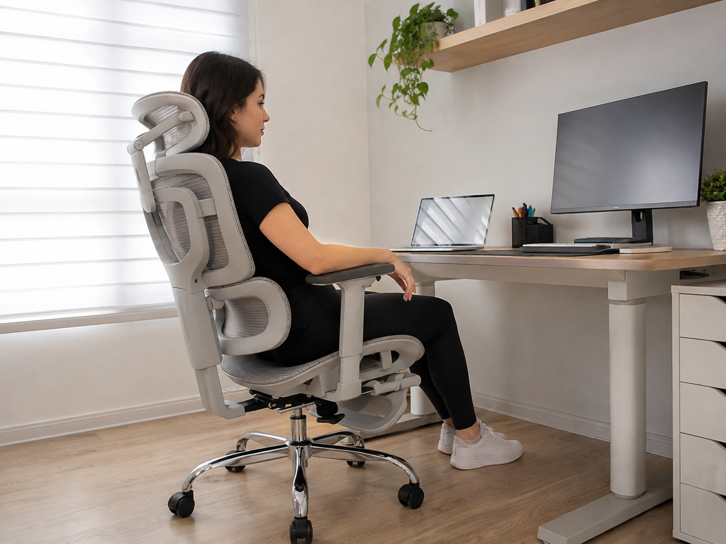 Mulher sentada em cadeira ergonômica LuvinCo Mônaco Bt07