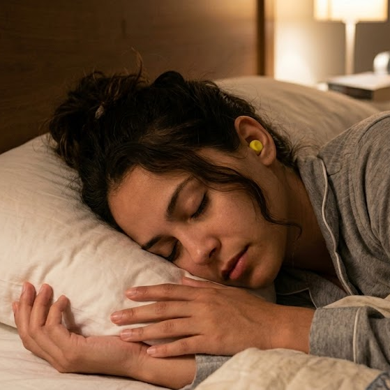 Mulher dormindo com um tampão de ouvido de espuma - Melhor tampão de ouvido para dormir