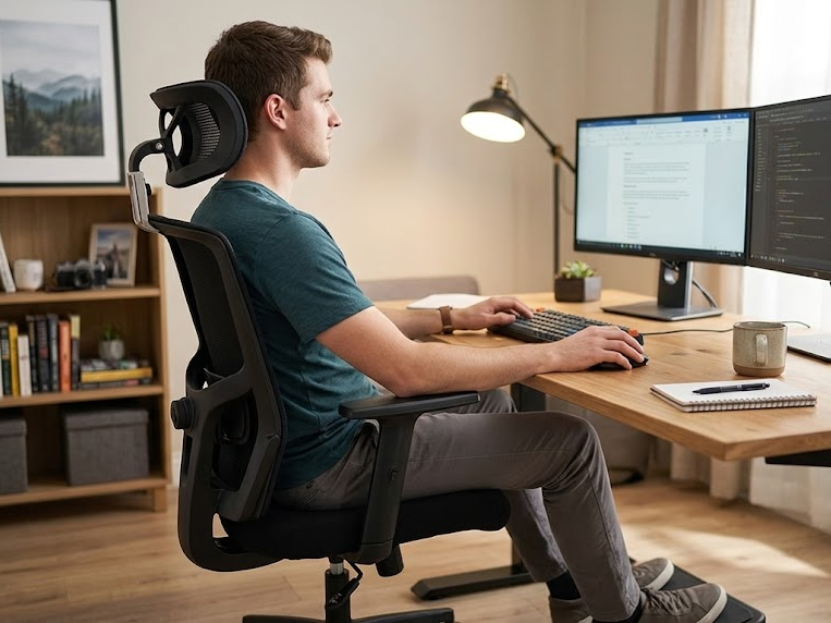 Homem jovem sentado em cadeira ergonômica Presidente Anima em postura ergonomicamente correta.