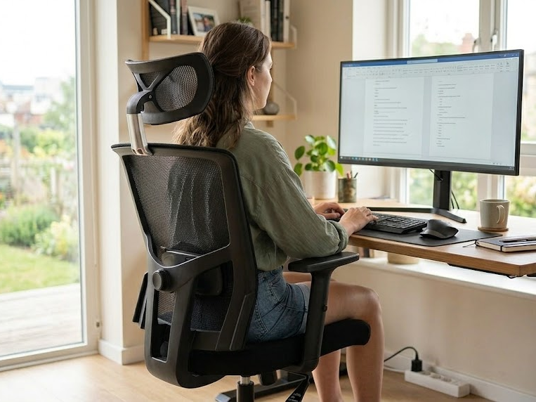 Mulher jovem sentada na cadeira ergonômica Presidente Anima em posição ergonomicamente correta.