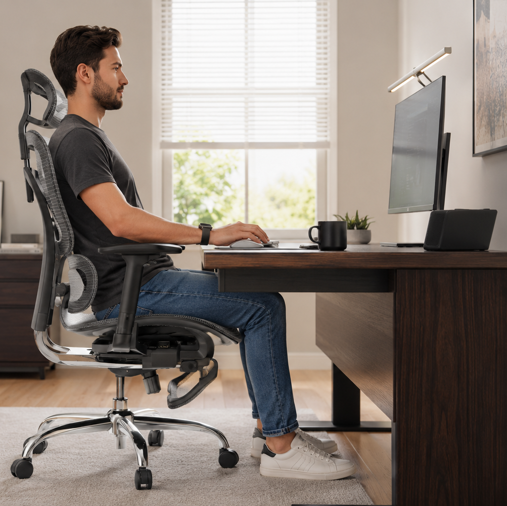 Escritório ergonômico com luz natural.