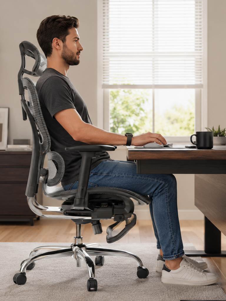 Homem jovem sentado em posição ergonomicamente correta na cadeira Mônaco Wt07