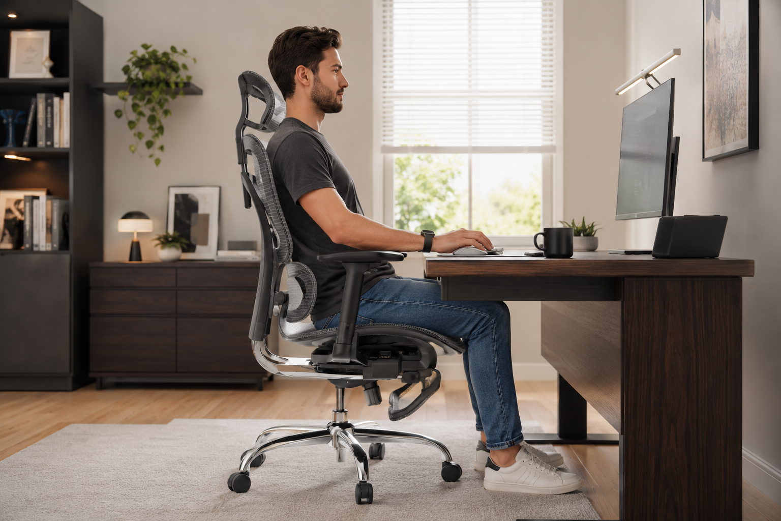 Homem jovem em postura ergonomicamente correta, trabalhando em home office.