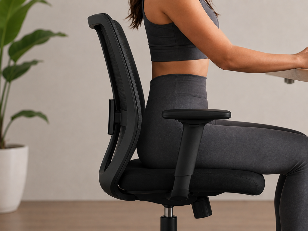 Mulher jovem sentada em cadeira ergonômica com apoio lombar independente.
