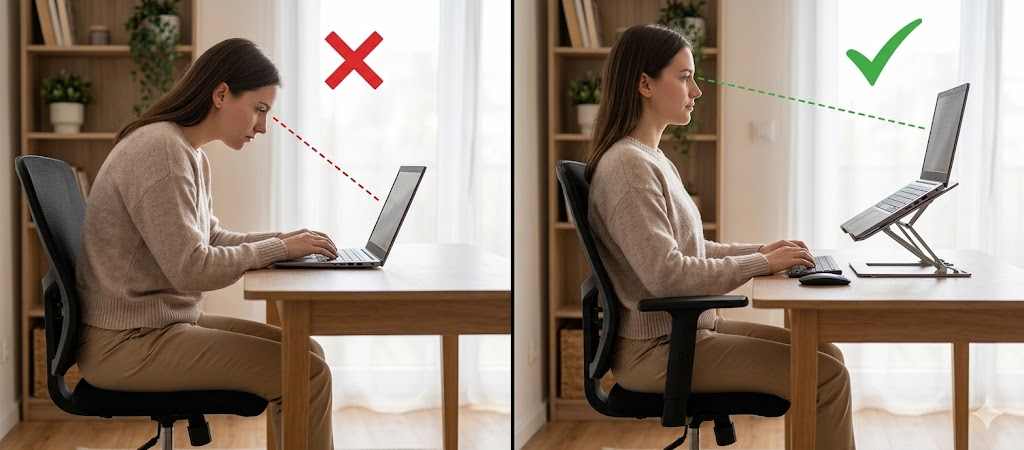 Ajuste ideal da posição do notebook sobre a mesa. Ergonomia no home office.