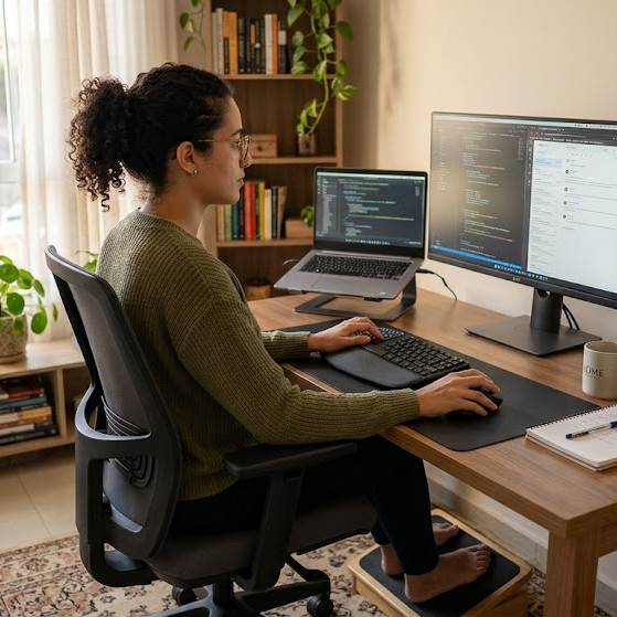 Mulher jovem trabalhando em home office ergonômico.