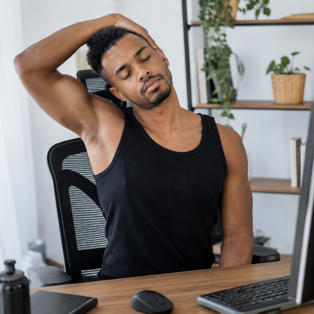 Homem jovem belo fazendo alongamentos no pescoço durante o trabalho em home office.