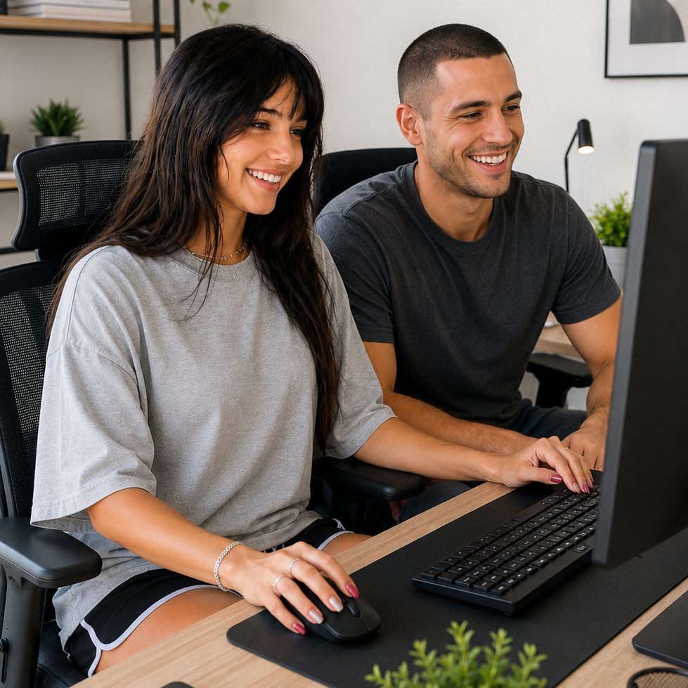 Casal jovem sorridente em home office.