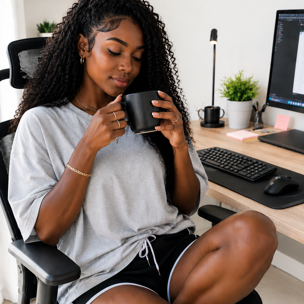 Mulher preta bela com roupas de casa tomando café em home office ergonômico.